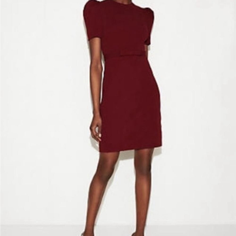 Express Wine Color Belted Midi with Pouf Shoulders